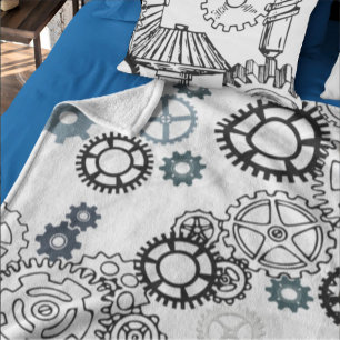 Blue Grey White Gear Pattern for Boys Room Decor F Fleece Blanket