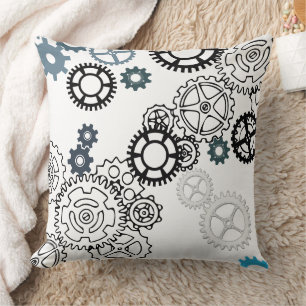 Blue Grey White Gear Pattern for Boys Room Decor F Throw Pillow