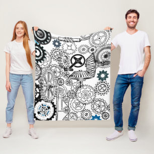 Blue Grey White Gears Steampunk Boys Decor Fleece Blanket
