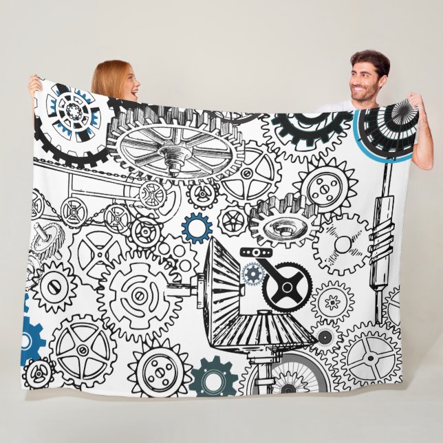 Blue Grey White Gears Steampunk Boys Decor Fleece Blanket (In Situ)