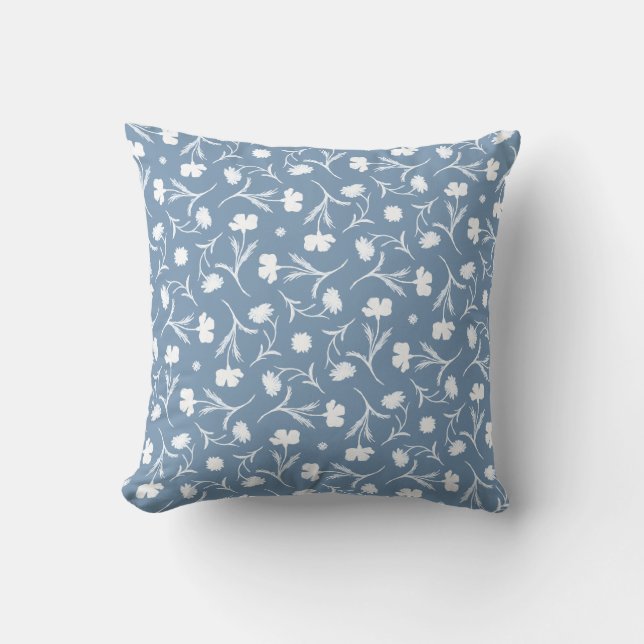 Blue Grey White Liberty Floral Pattern Elegant Pop Throw Pillow (Front)