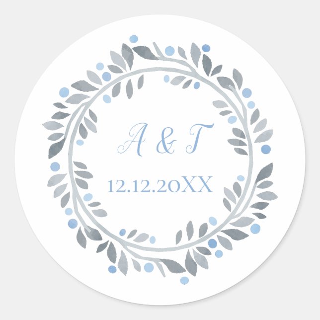 Blue Grey White Monogram Floral Wedding  Classic Round Sticker (Front)