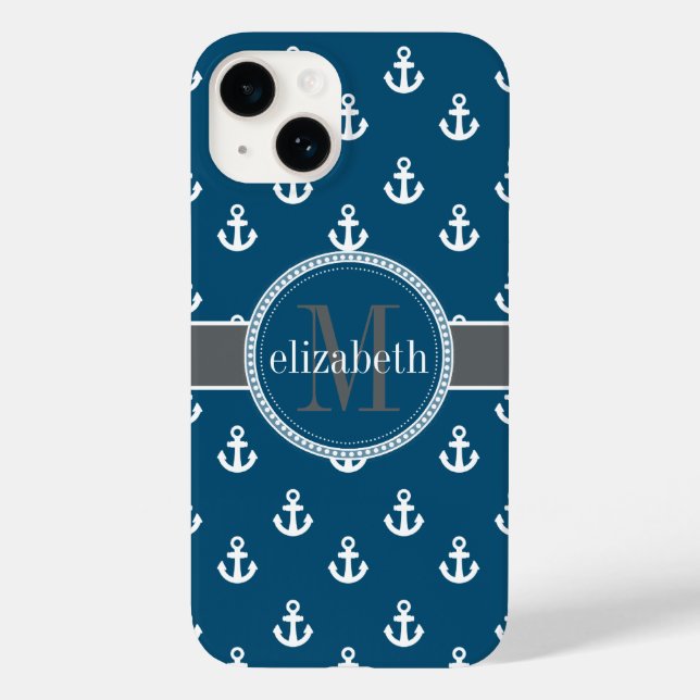 Blue Grey White Ship Anchors Monogram Case-Mate iPhone Case (Back)
