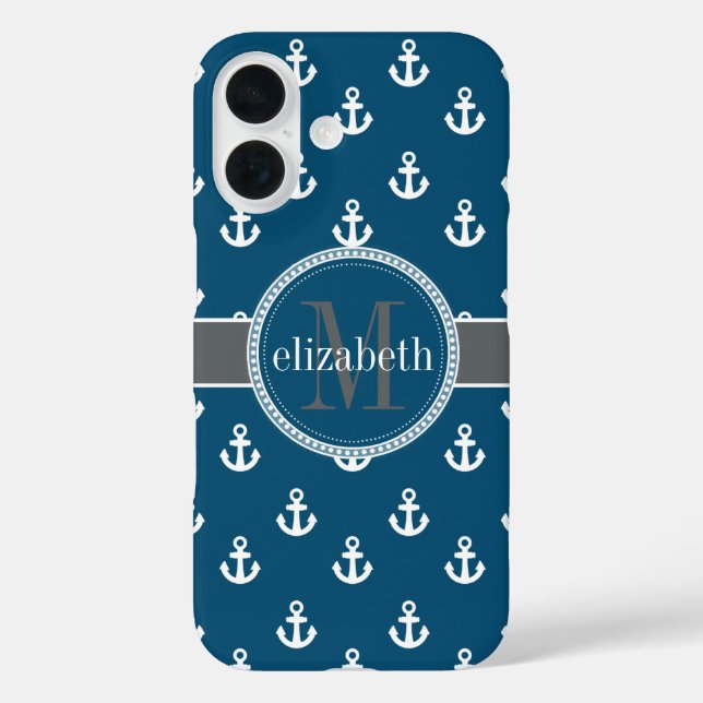 Blue Grey White Ship Anchors Monogram Case-Mate iPhone Case (Back)