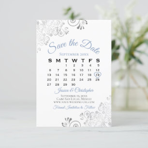 Blue Grey & White Simple Elegant Wedding Calendar Save The Date