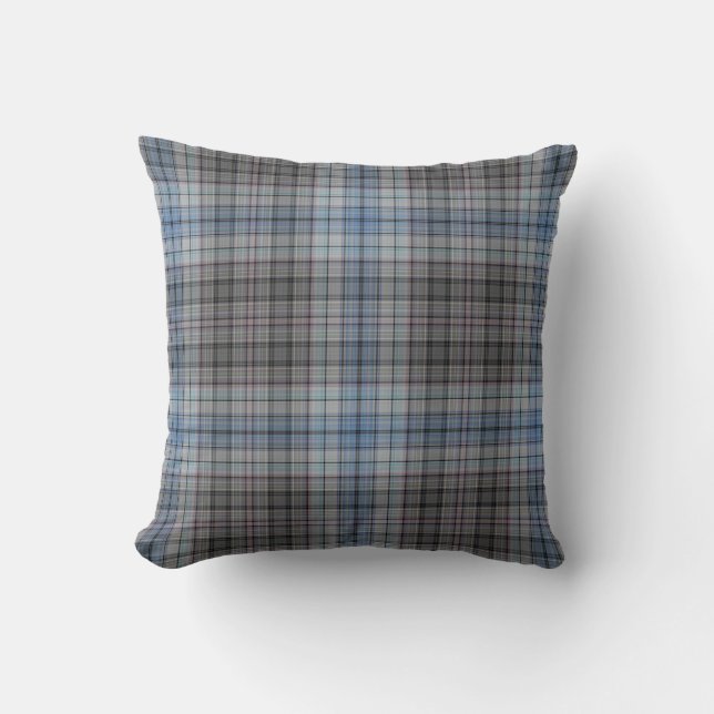 Blue Grey White Tartan Plaid Throw Pillow (Front)