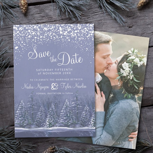 Blue grey winter trees lakeside photo wedding save the date (Creator Uploaded)