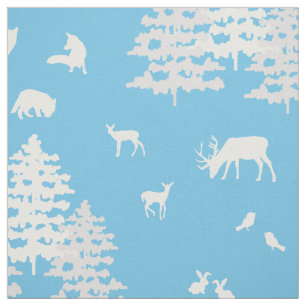 Blue Grey Winter Woodland Animals Deer Fox Bear Fabric