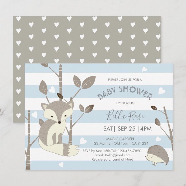 Blue Grey Woodland Fox Hedgehog Baby Shower Card (Front/Back)