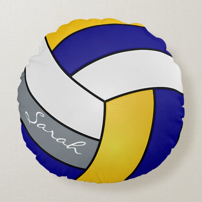 Blue, Grey, Yellow and White Volleyball | DIY Name Round Pillow (Front)