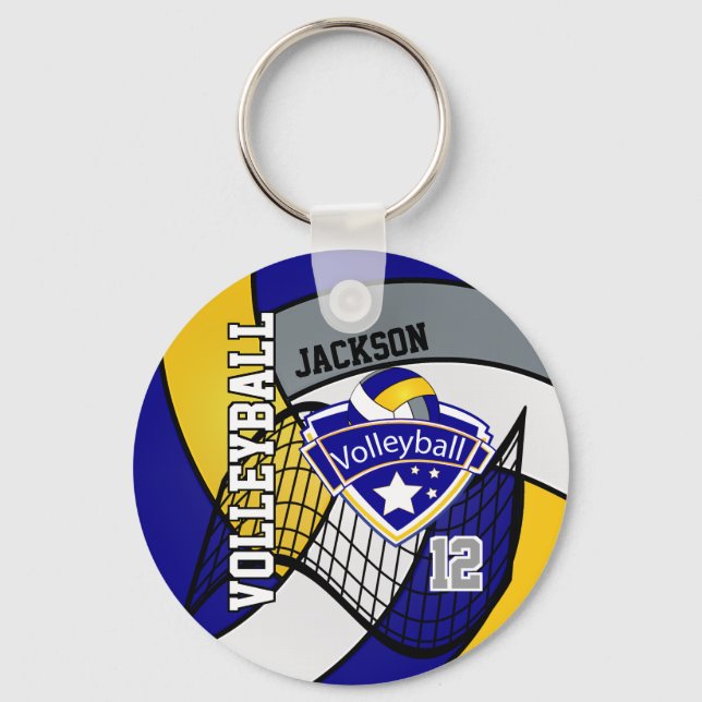 Blue, Grey, Yellow & White Volleyball 🏐 Design Keychain (Front)