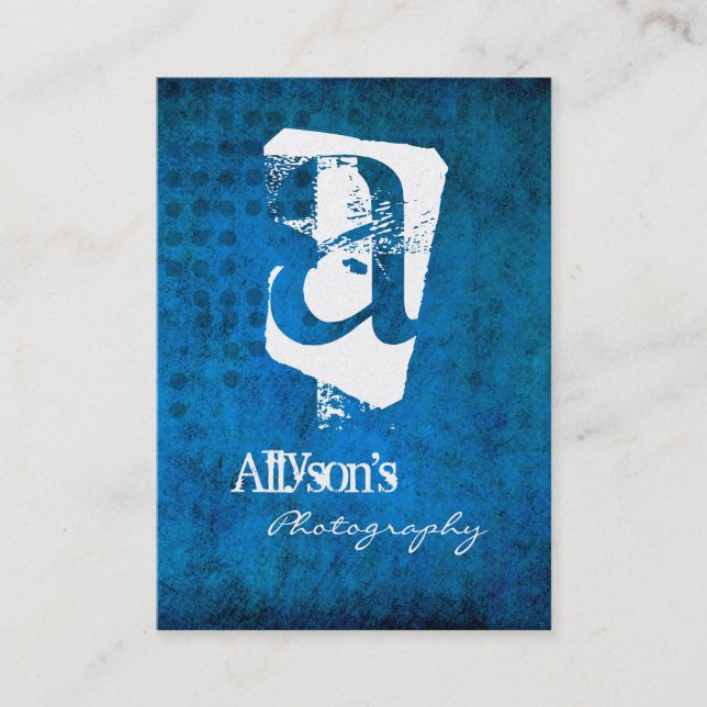 Blue Grunge Background Monogram Business Cards (Front)