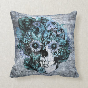 Blue grunge ohm sunflower skull throw pillow