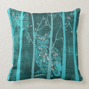 Blue Grunge Owl Throw Pillow
