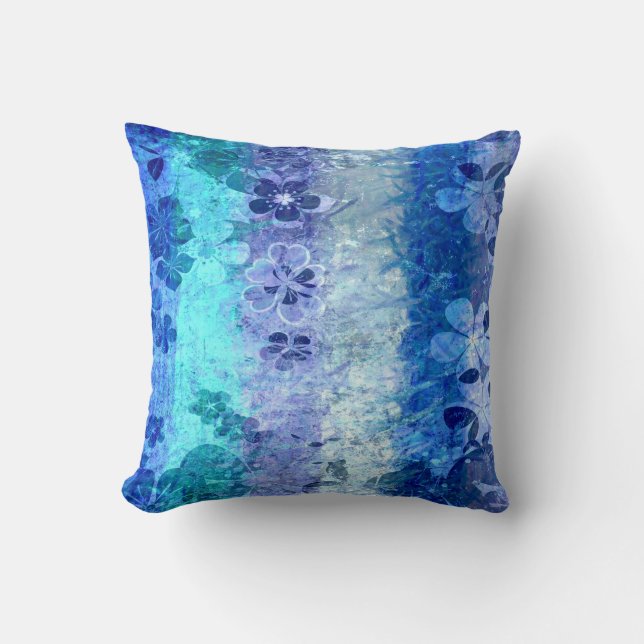 Blue grunge vintage floral pattern throw pillow (Front)