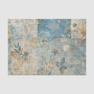 Blue Grungy Distressed Floral Ephemera Collage Tissue Paper