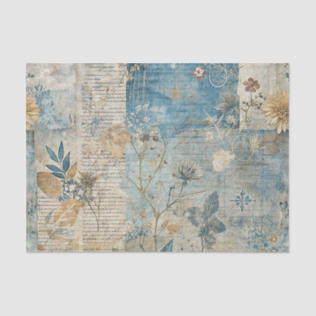 Blue Grungy Distressed Floral Ephemera Collage Tissue Paper (Front)