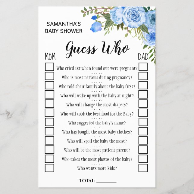 Blue Guess who baby shower bilingual game card (Front)