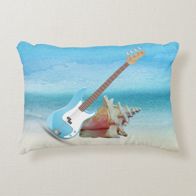 Blue Guitar & Seashell Abstract Beach Accent Pillow (Front)