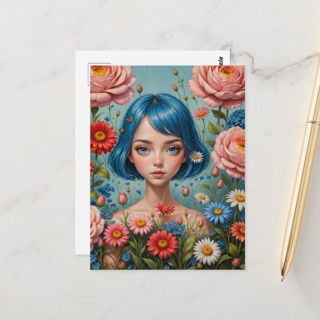 Blue Hair and Flowers Postcard (Front/Back In Situ)