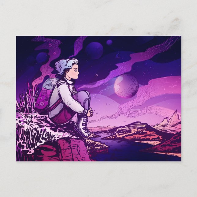 Blue Hair Girl Astronaut night Holiday Postcard (Front)