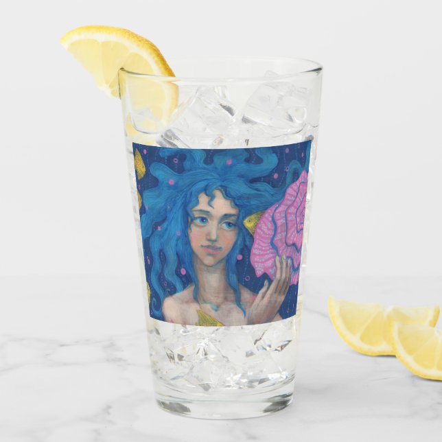 Blue Hair Mermaid Girl Sea Shell Fish Fantasy Art Glass (Front Ice)