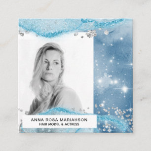 *~* Blue Hair Model Actress Silver Glitter - PHOTO Square Business Card