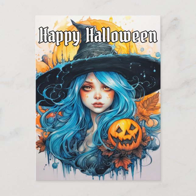 Blue Hair Witch Illustration | Happy Halloween Postcard (Front)