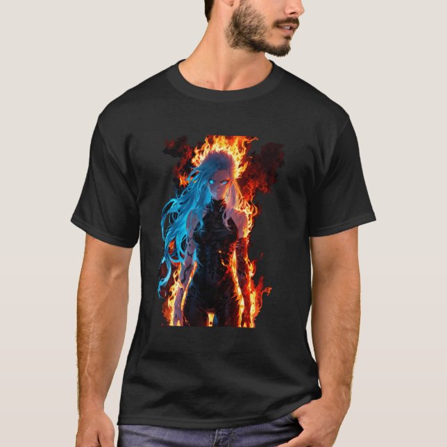 Blue Haired Demon Fantasy in Hellfire T-Shirt (Front)
