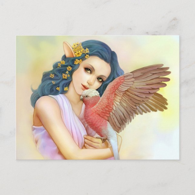Blue haired elf and her galah postcard (Front)
