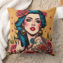 Blue-Haired Pin Up Girl with Roses