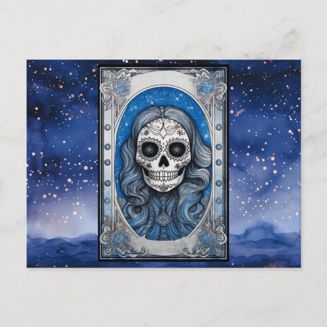 Blue Haired Skull Starry Night Halloween Holiday Postcard (Front)