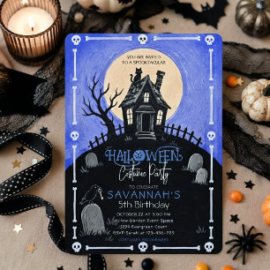 Blue Halloween Haunted House Birthday Invitation