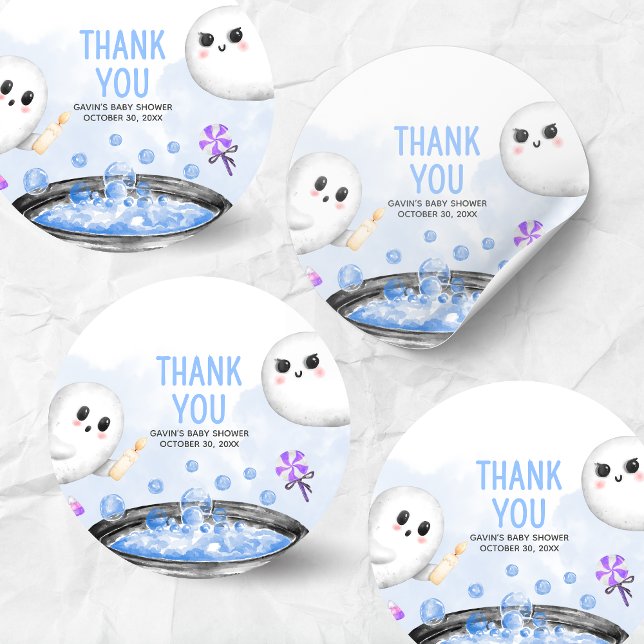 Blue Halloween It's a Boy Baby Shower Classic Round Sticker (Oh Sheet It's a Boo-y Halloween Baby Shower Sticker)
