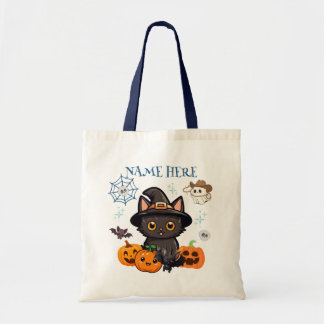 Blue Halloween Kitty Witch Candy Tote Bag