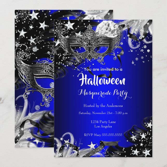 Blue Halloween Magical Night Masquerade Party Invitation (Front/Back)