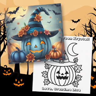 Blue Halloween Pumpkin & Colouring Page Personaliz Card