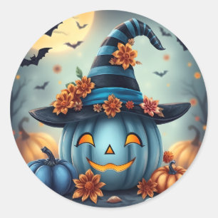 Blue Halloween Pumpkin Jack-o-lantern Classic Round Sticker