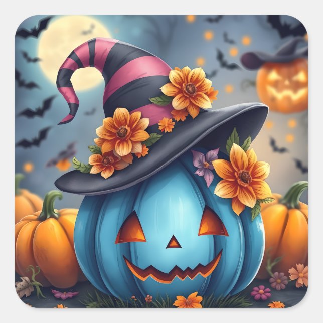 Blue Halloween Pumpkin Jack-o-lantern Square Sticker (Front)