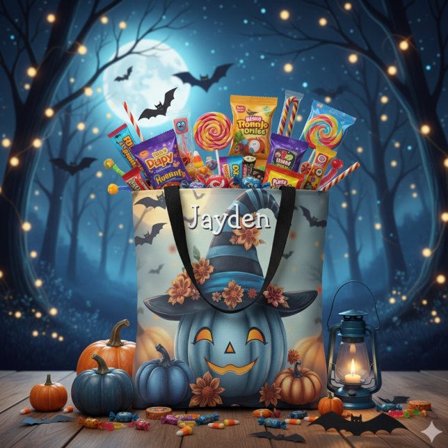 Blue Halloween Pumpkin Personalized Tote Bag (Creator Uploaded)