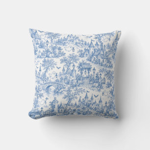 Blue Halloween Toile Pattern Spooky Village Ghosts Throw Pillow