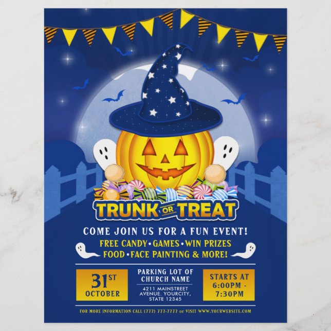 Blue Halloween Trunk or Treat Cute Pumpkin Event Flyer (Front)