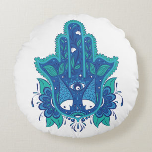 Blue Hamsa Design Round Pillow