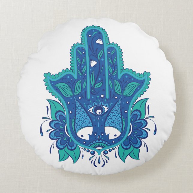 Blue Hamsa Design Round Pillow (Front)