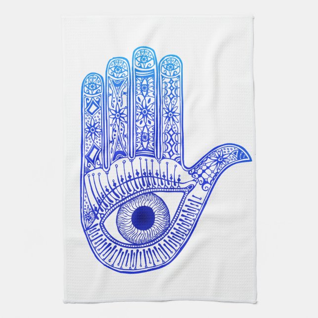Blue Hamsa Hand / Evil Eye Defence / Hand of Mary Kitchen Towel (Vertical)