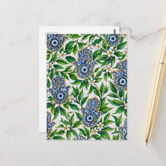 Blue Hamsa Hand of Fatima Floral Pattern Postcard