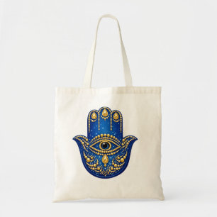 Blue Hamsa Hand Tote Bag Gold Evil Eye Canvas Mand