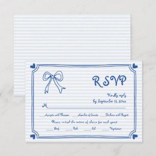 Blue hand drawn bow and border whimsical wedding RSVP card