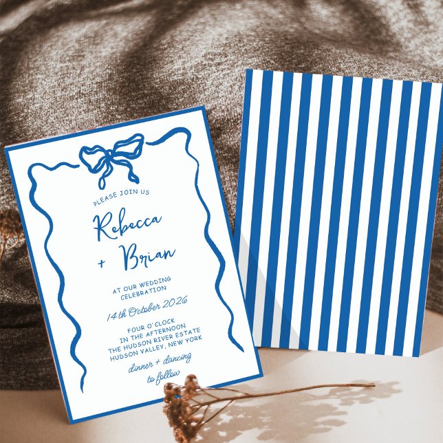 Blue Hand Drawn Bow Ribbon Sketch Wedding Invitation (Creator Uploaded)