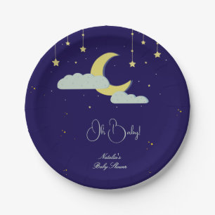 Blue Hand Drawn Celestial Star Moon Baby Shower Paper Plate